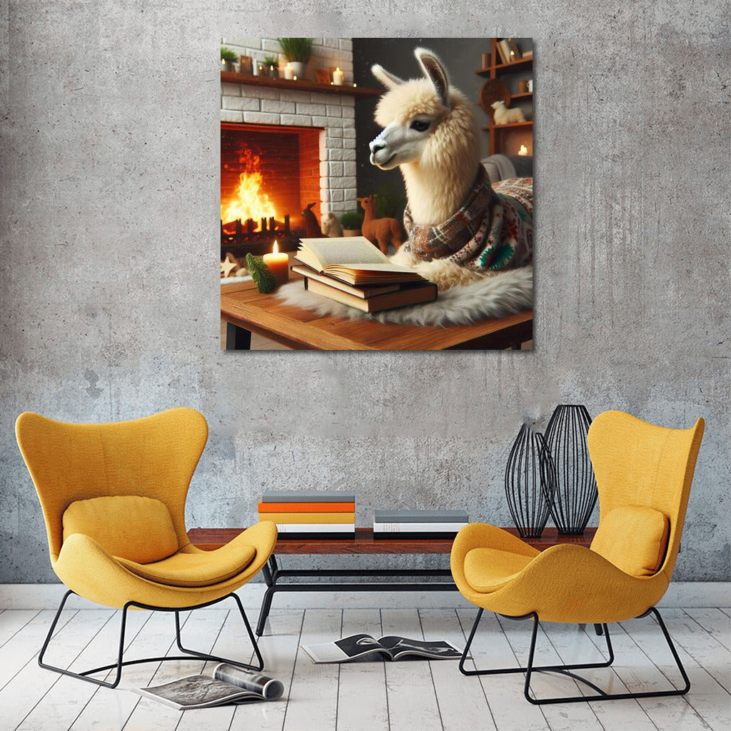 Llama by the Fireplace: Reading in Comfort