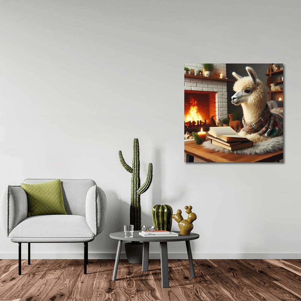 Llama by the Fireplace: Reading in Comfort