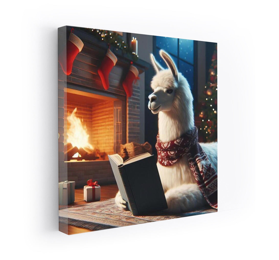 Llama by the Fireplace: Reading in Warmth and Comfort