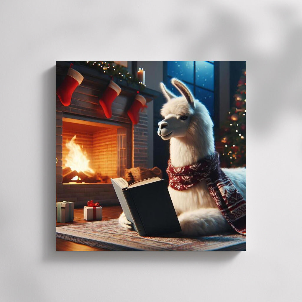 Llama by the Fireplace: Reading in Warmth and Comfort