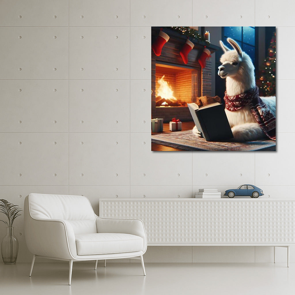 Llama by the Fireplace: Reading in Warmth and Comfort