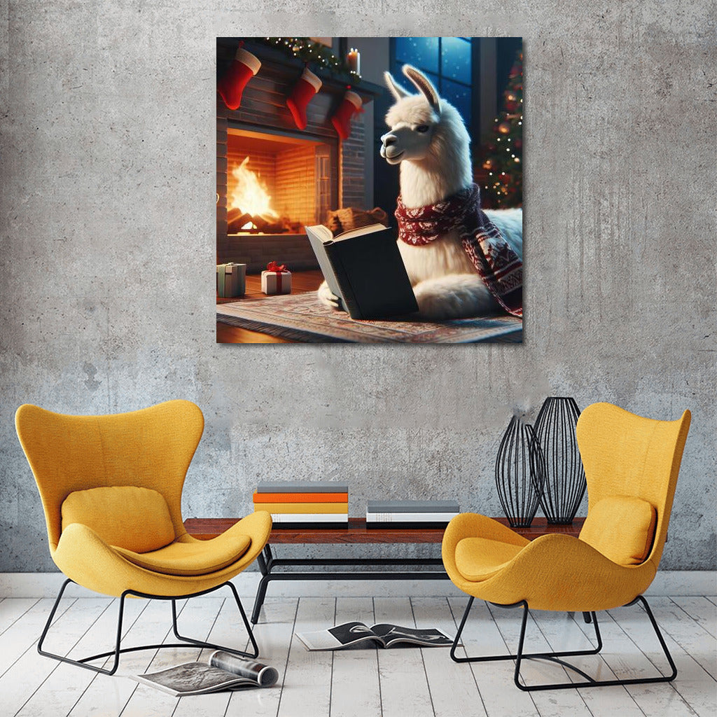 Llama by the Fireplace: Reading in Warmth and Comfort