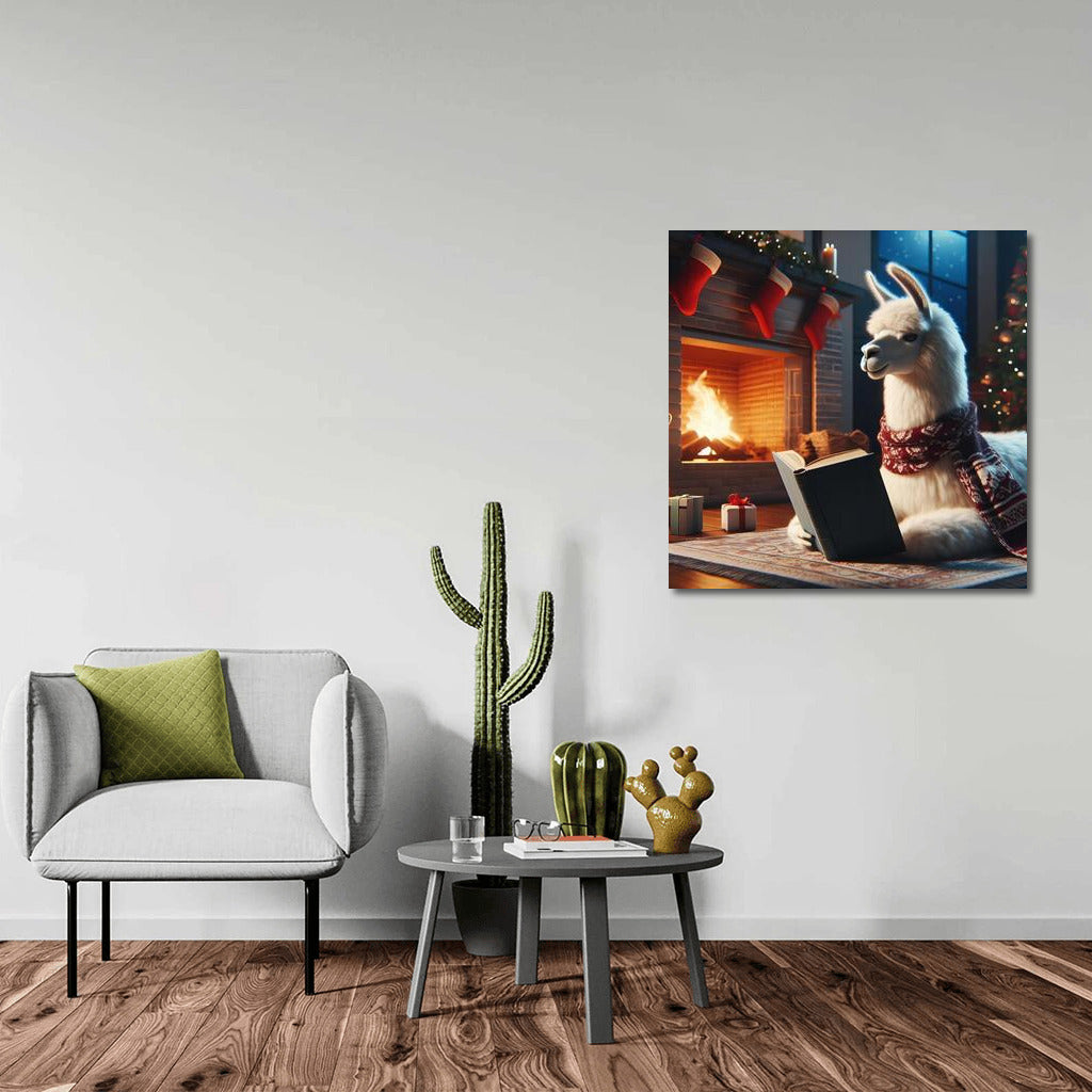 Llama by the Fireplace: Reading in Warmth and Comfort