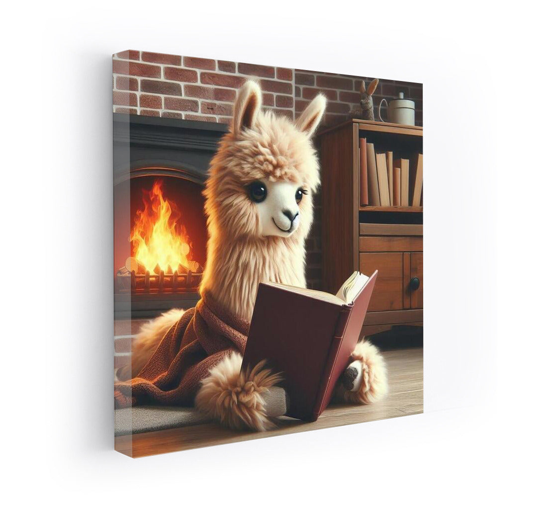 Llama by the Fireplace: Reading in Comfort