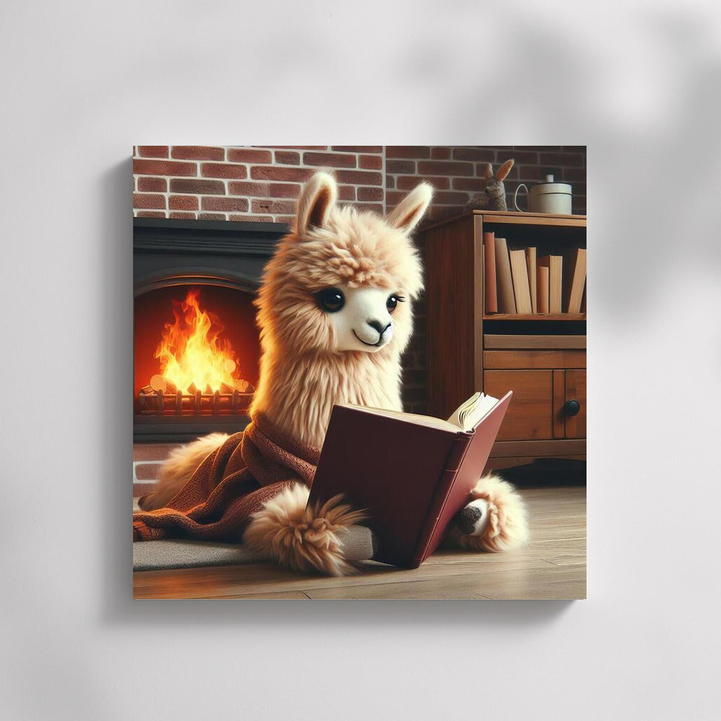 Llama by the Fireplace: Reading in Comfort