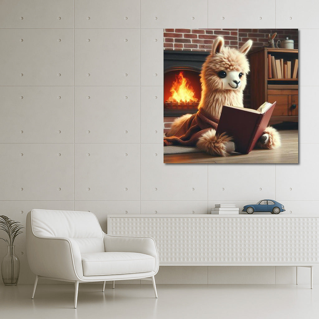 Llama by the Fireplace: Reading in Comfort