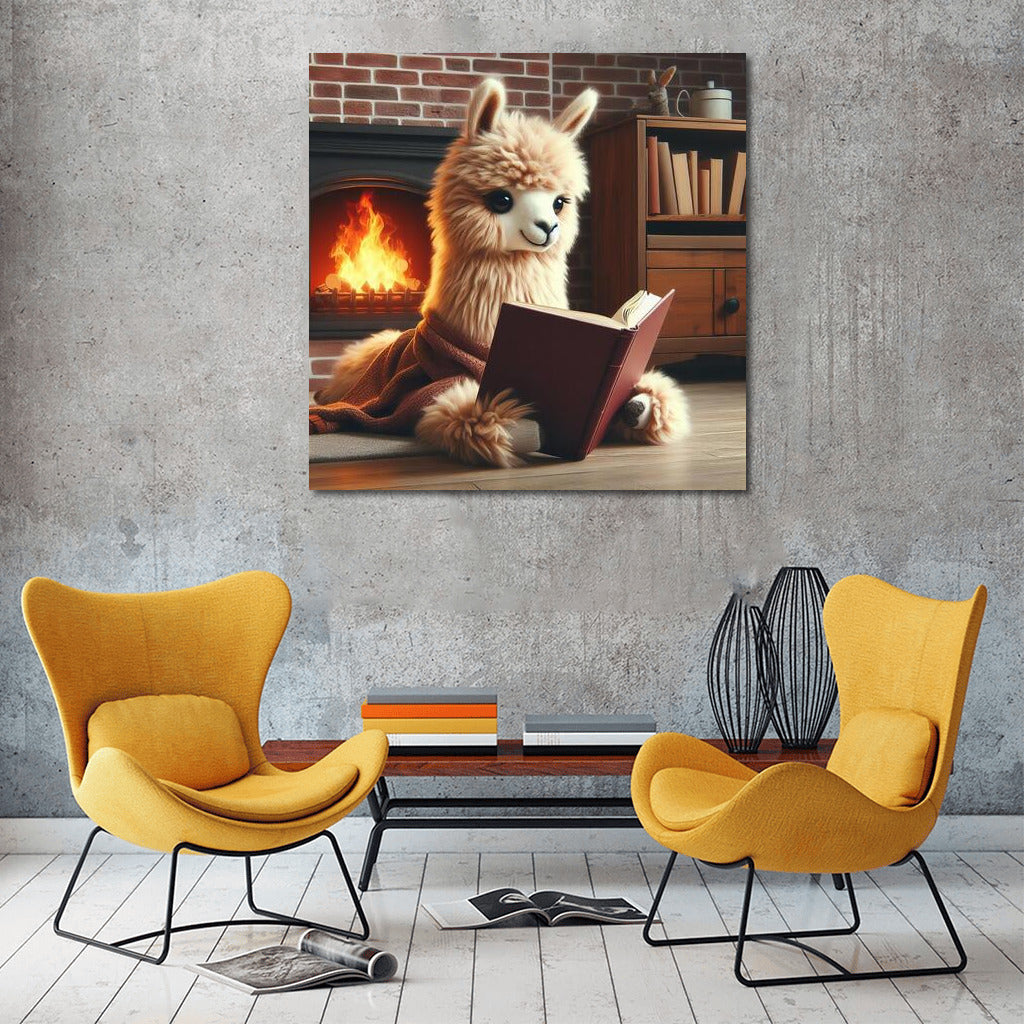 Llama by the Fireplace: Reading in Comfort
