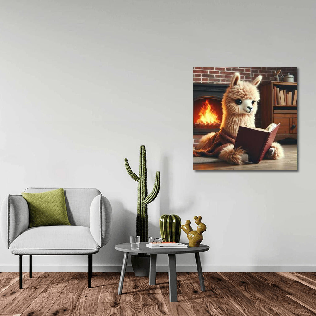 Llama by the Fireplace: Reading in Comfort