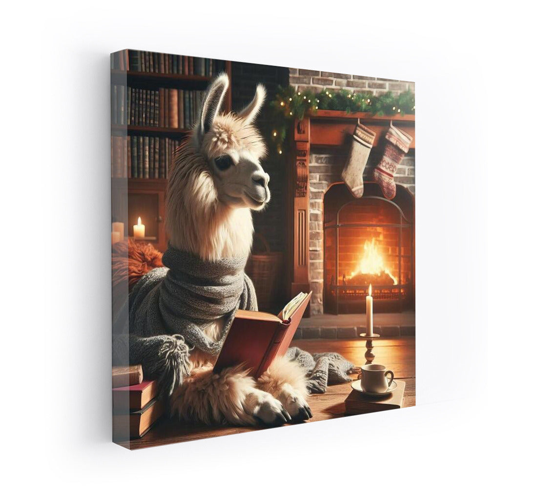 Llama by the Fireplace: Reading in Comfort