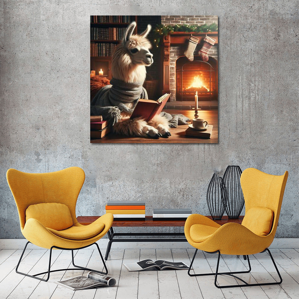 Llama by the Fireplace: Reading in Comfort