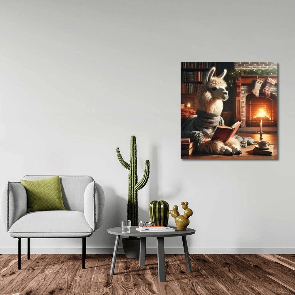 Llama by the Fireplace: Reading in Comfort