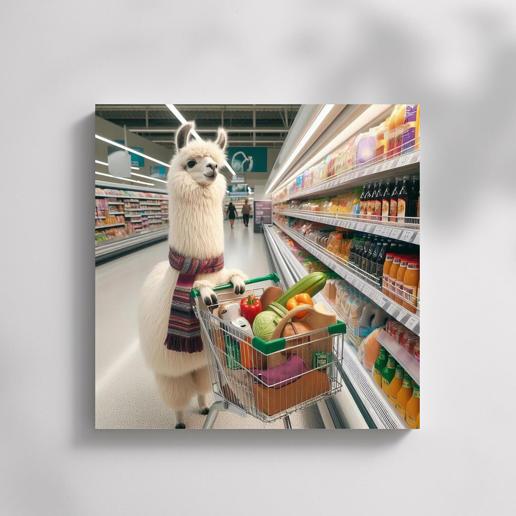 Llama on a Shopping Spree: A Fluffy Gourmet in a Supermarket
