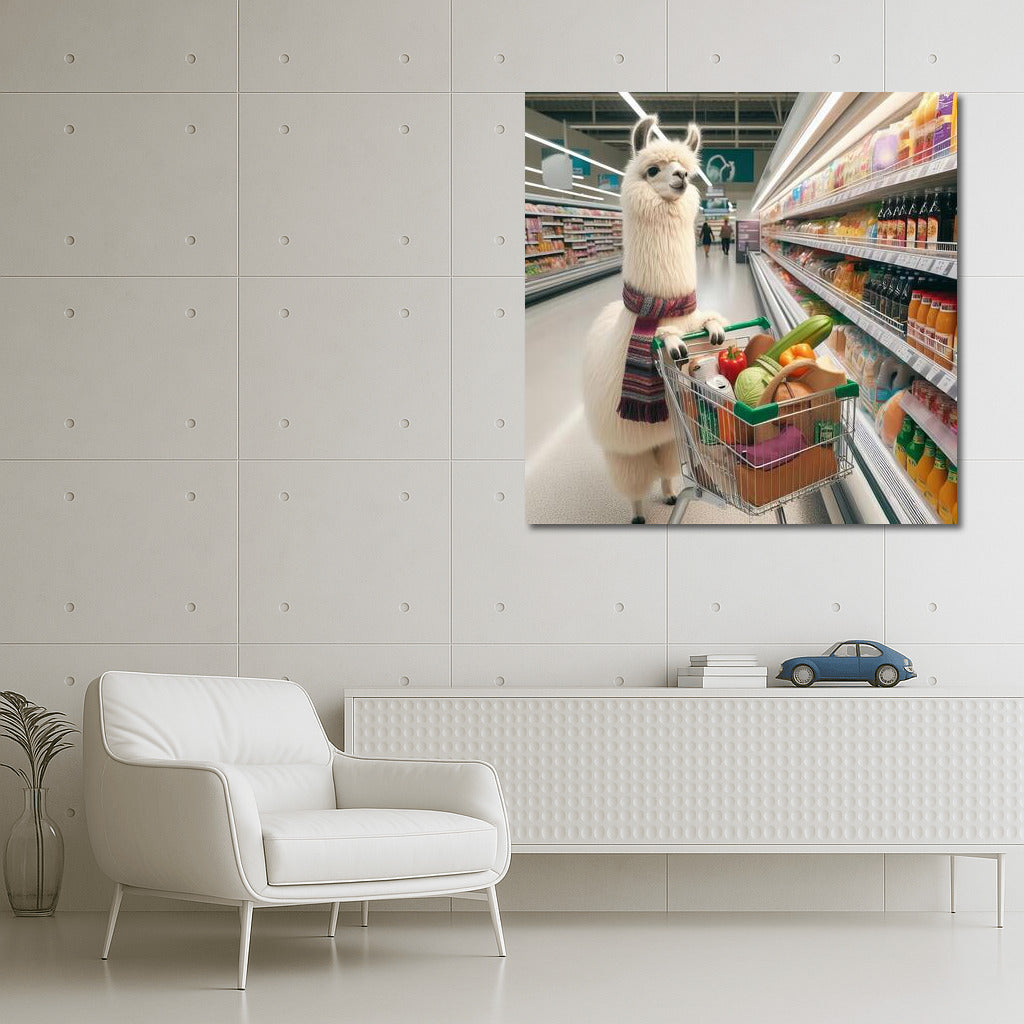 Llama on a Shopping Spree: A Fluffy Gourmet in a Supermarket