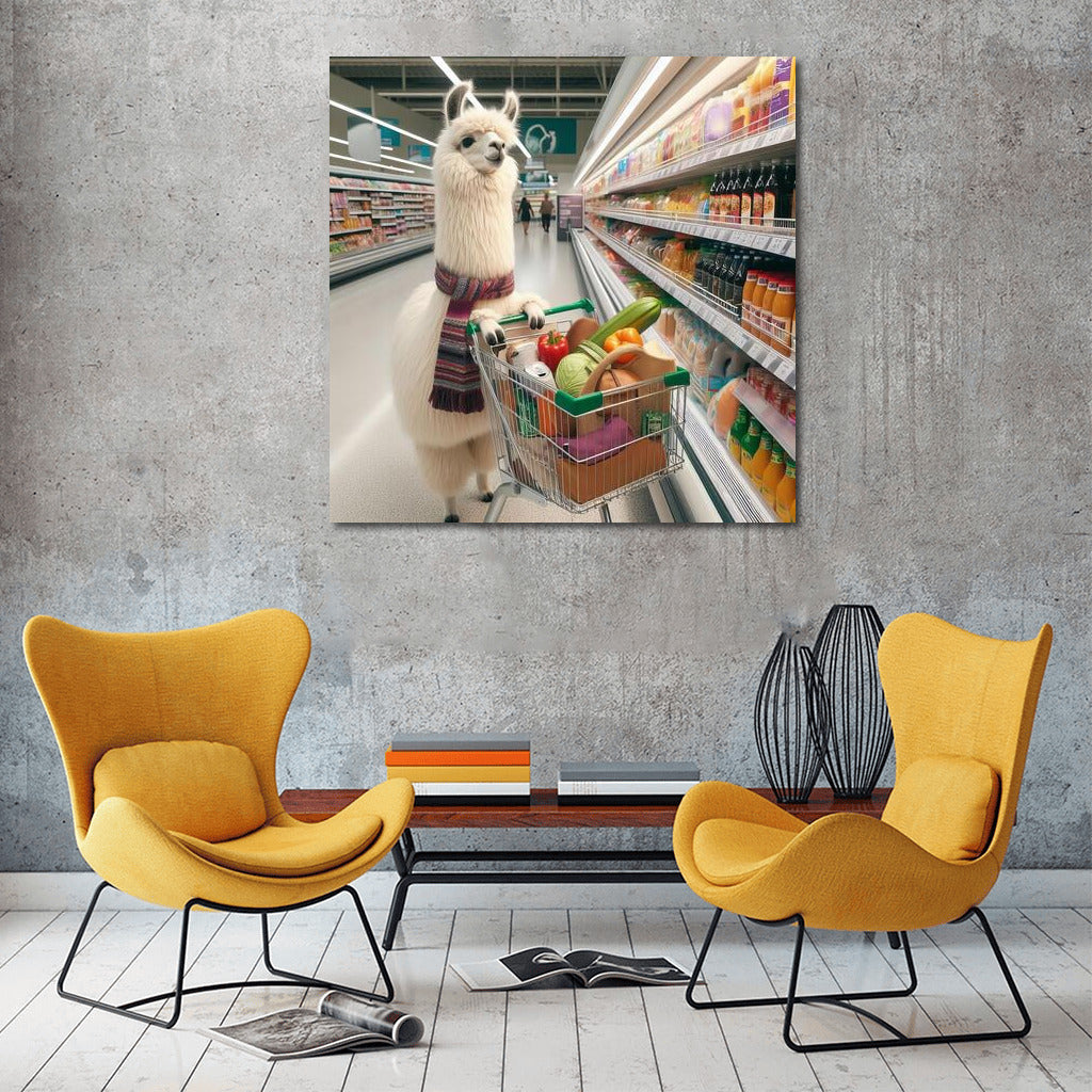 Llama on a Shopping Spree: A Fluffy Gourmet in a Supermarket