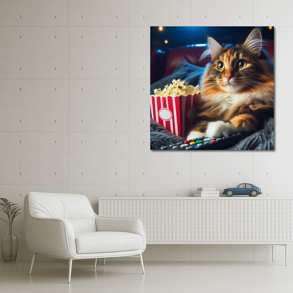Movie Show with Maine Coon: Cat with Popcorn in the Cinema