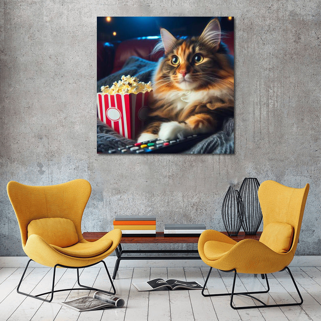 Movie Show with Maine Coon: Cat with Popcorn in the Cinema