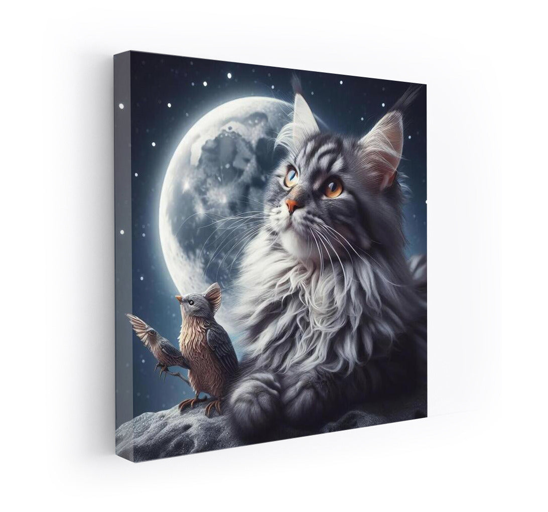 Cosmic Dreams: Maine Coon and Bird on the Moon
