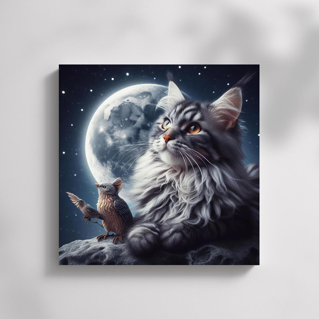 Cosmic Dreams: Maine Coon and Bird on the Moon