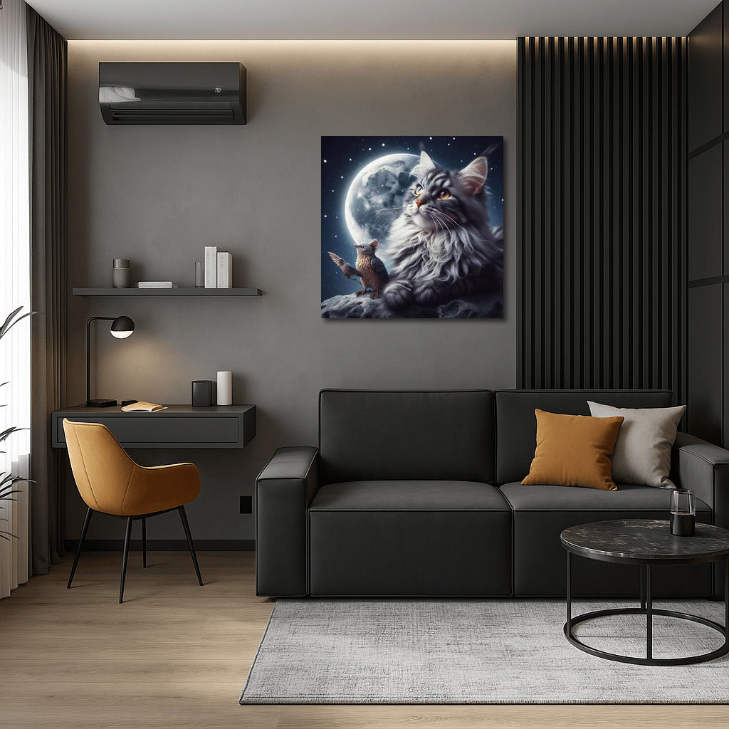 Cosmic Dreams: Maine Coon and Bird on the Moon