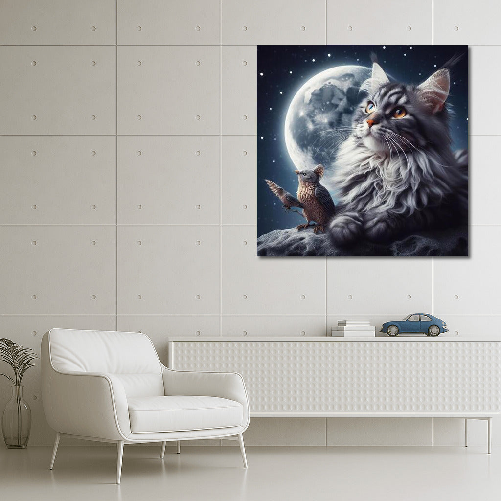 Cosmic Dreams: Maine Coon and Bird on the Moon