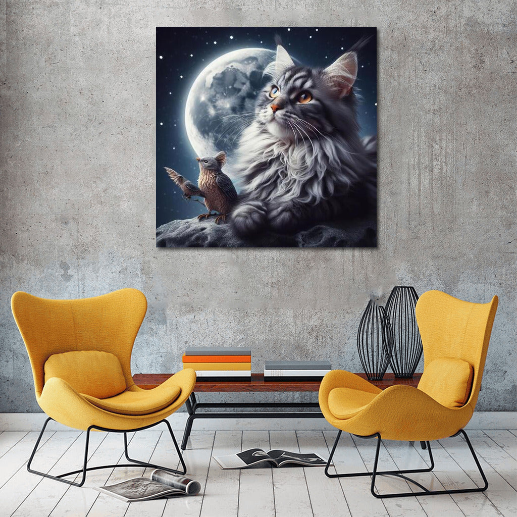 Cosmic Dreams: Maine Coon and Bird on the Moon
