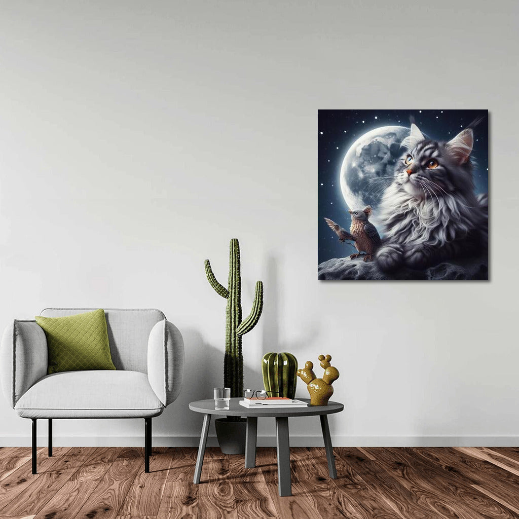 Cosmic Dreams: Maine Coon and Bird on the Moon