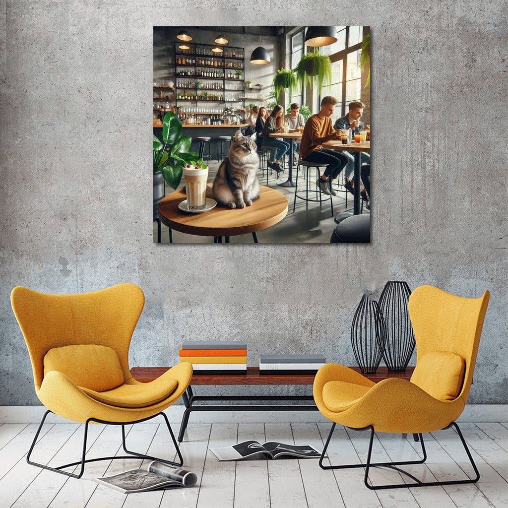 Cat in a Fashionable Cafe: Comfort and Greenery in a Modern Interior