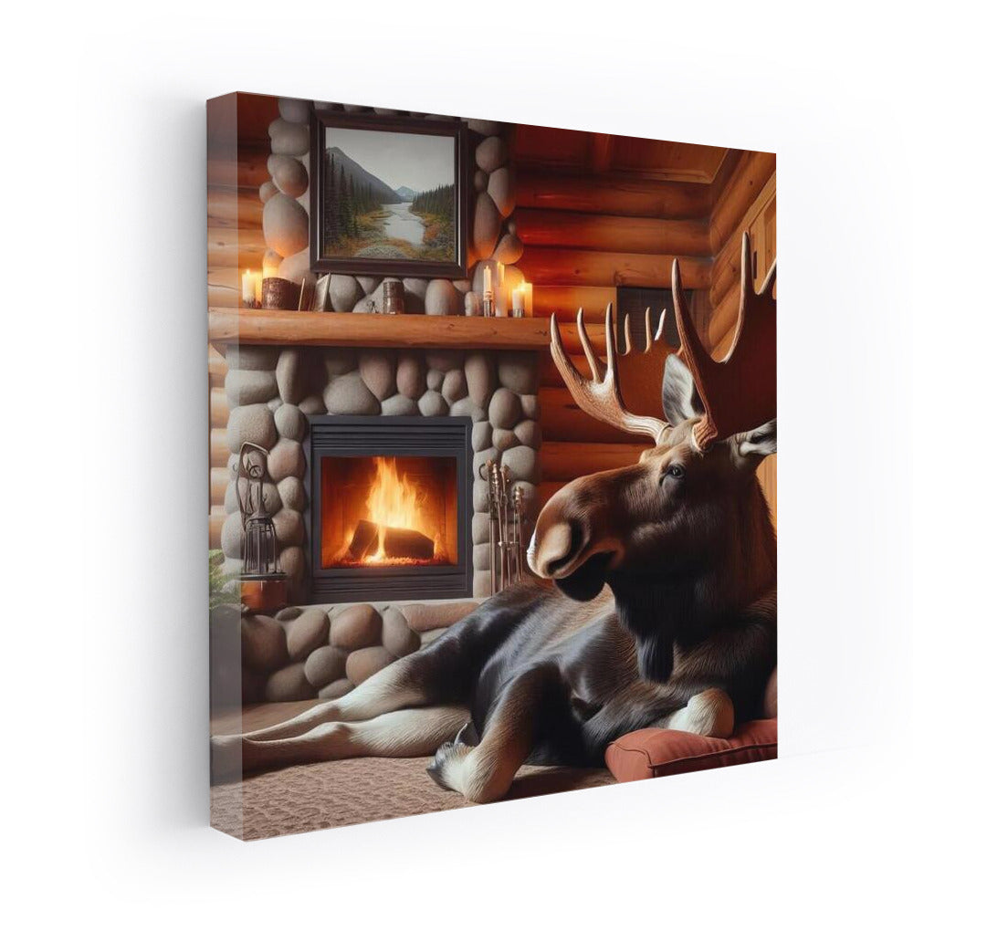 Moose at Fireplace Cozy: Warmth of a Mountain Cabin