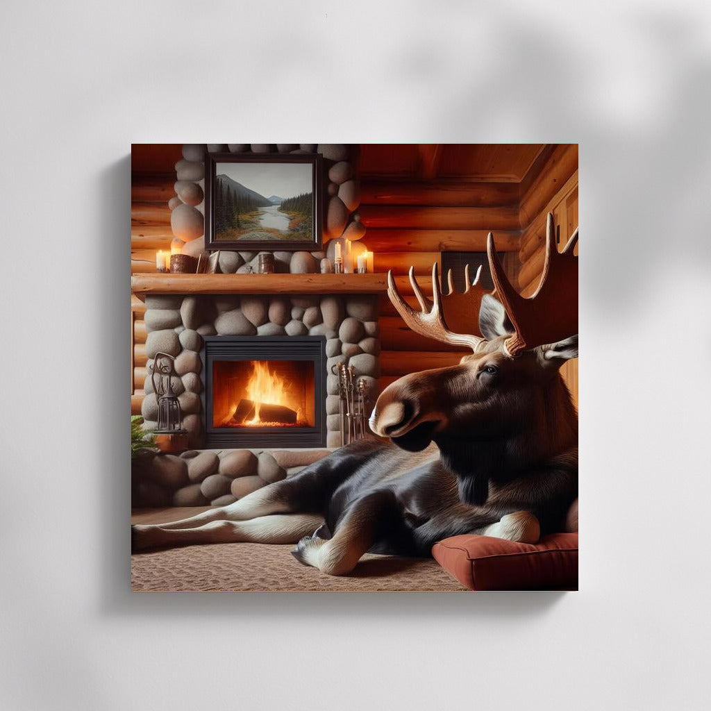 Moose at Fireplace Cozy: Warmth of a Mountain Cabin