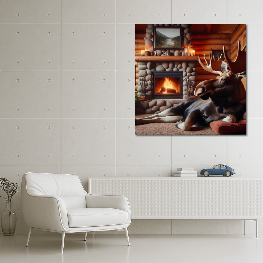 Moose at Fireplace Cozy: Warmth of a Mountain Cabin