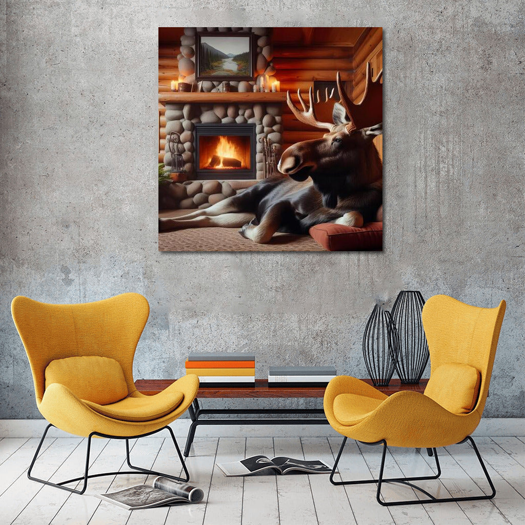 Moose at Fireplace Cozy: Warmth of a Mountain Cabin