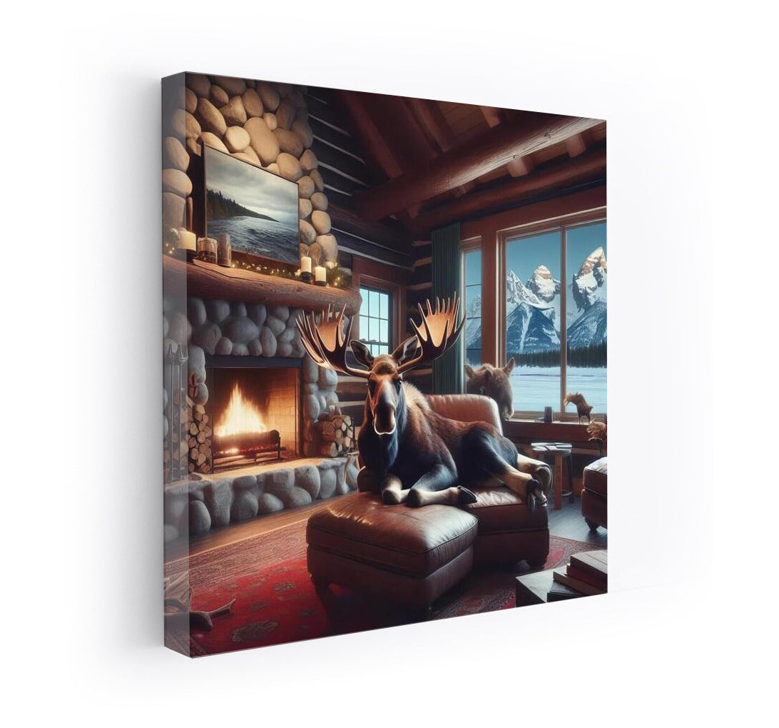 Moose by the Fireplace at the Mountain Hut: Comfort and Warmth