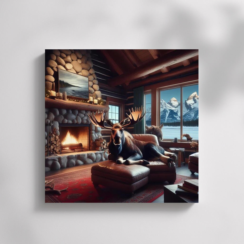 Moose by the Fireplace at the Mountain Hut: Comfort and Warmth
