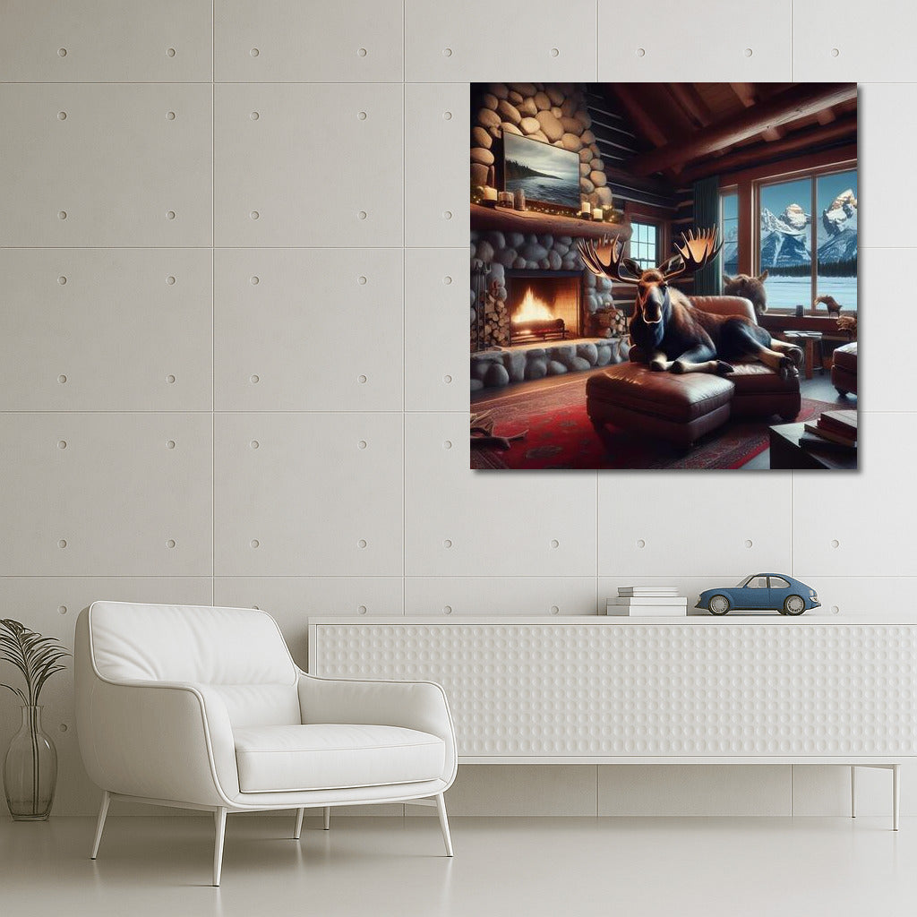 Moose by the Fireplace at the Mountain Hut: Comfort and Warmth