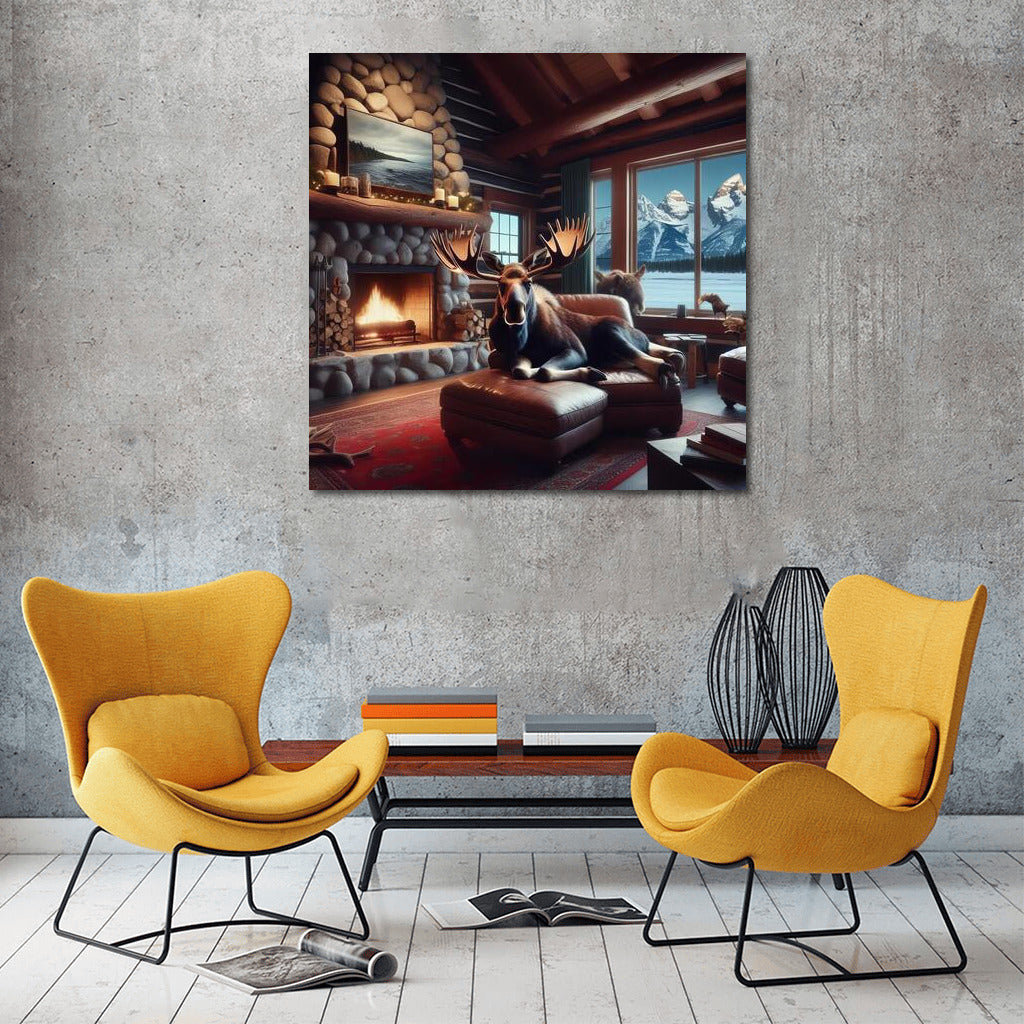 Moose by the Fireplace at the Mountain Hut: Comfort and Warmth