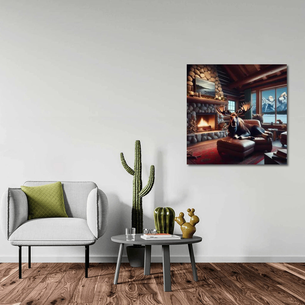 Moose by the Fireplace at the Mountain Hut: Comfort and Warmth