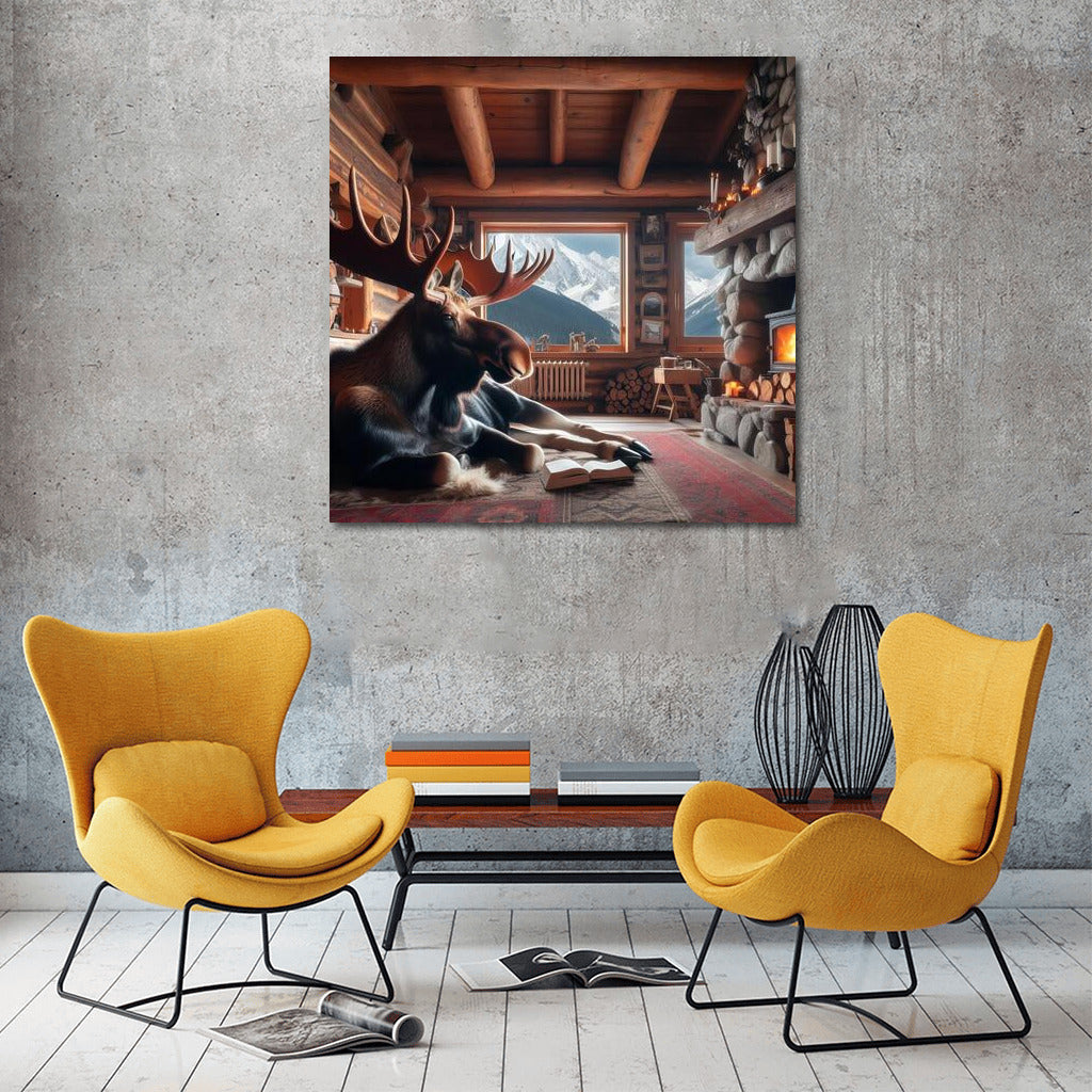 Elk by the Fireplace at Mountain Cabin: Comfort and Nature