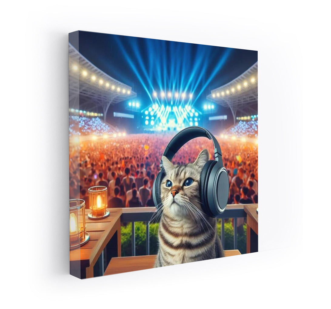 Musical Cat: Stylish Headphones and Bright Festival Lights