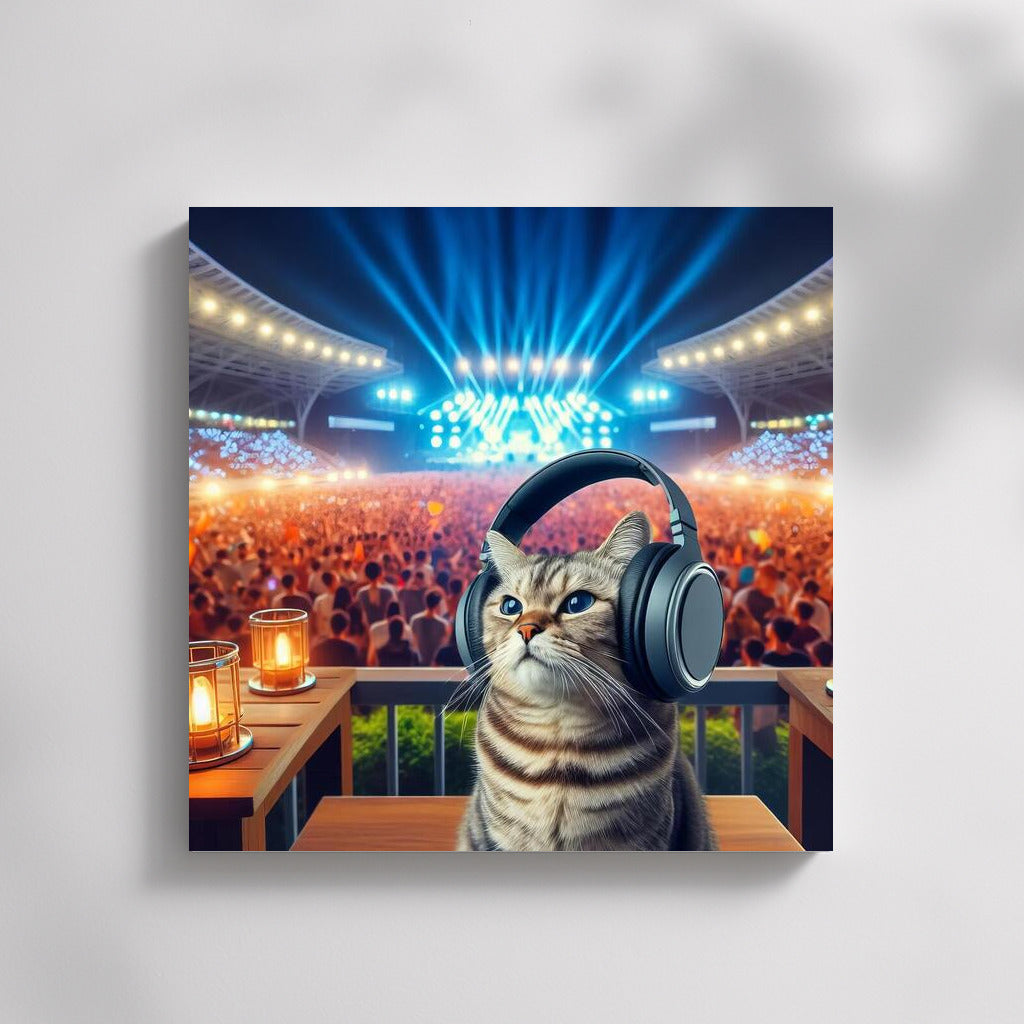 Musical Cat: Stylish Headphones and Bright Festival Lights