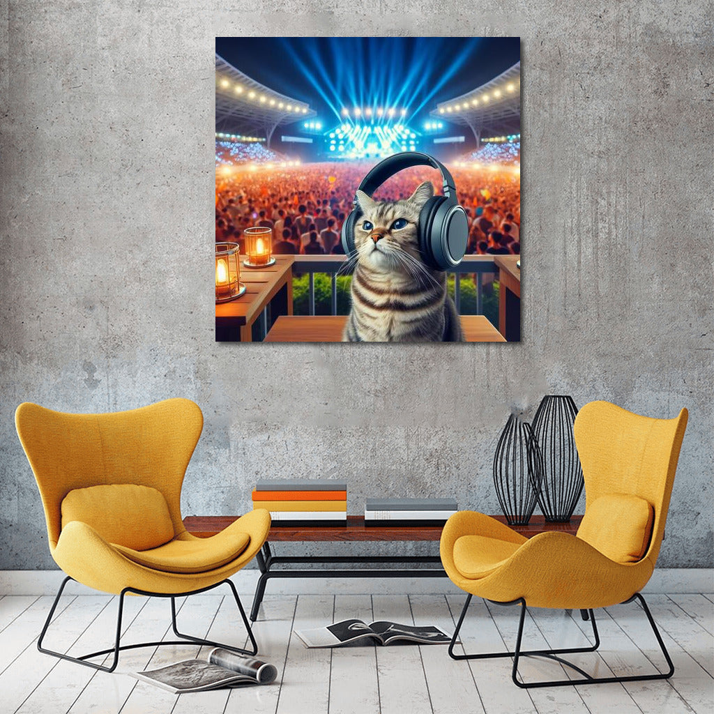Musical Cat: Stylish Headphones and Bright Festival Lights