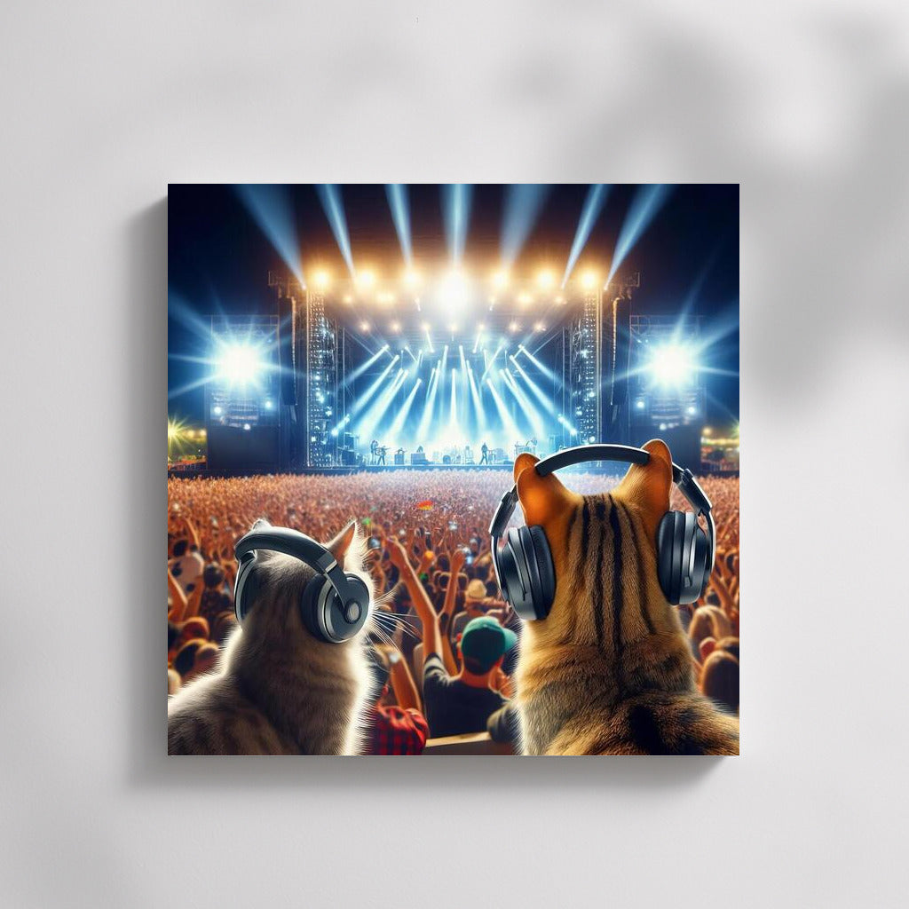 Musical Cat in Headphones: Festival Energy and Bright Lights