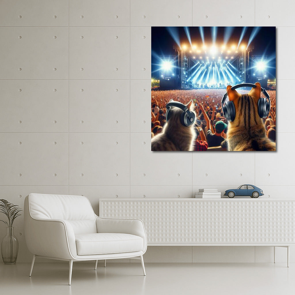 Musical Cat in Headphones: Festival Energy and Bright Lights