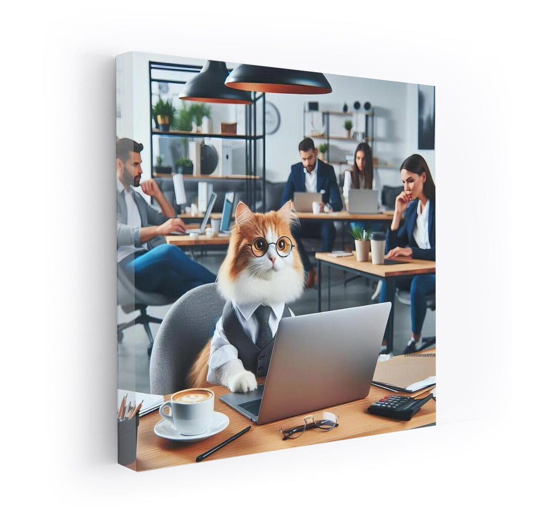 Businessman Cat at Norwegian Forest Coworking Space: Humorous Office Wall Art