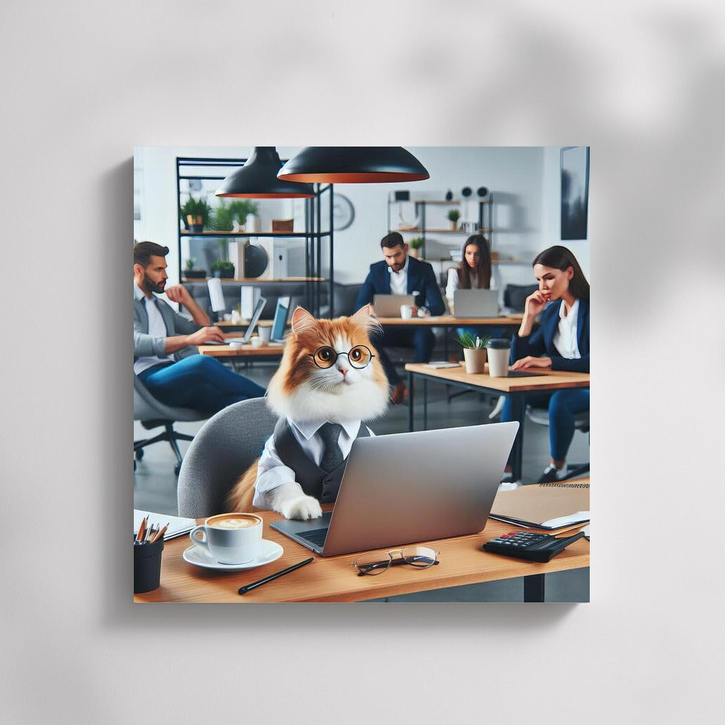 Businessman Cat at Norwegian Forest Coworking Space: Humorous Office Wall Art