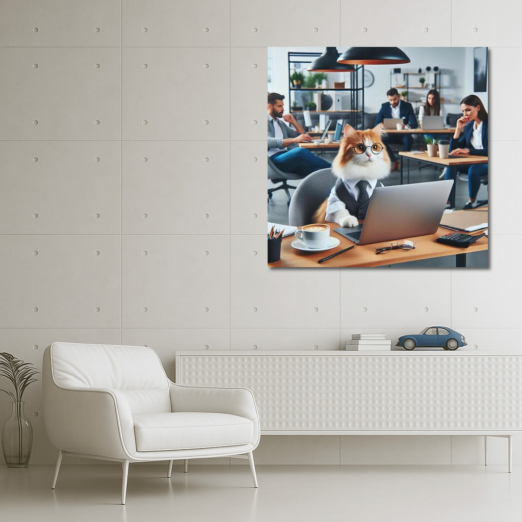 Businessman Cat at Norwegian Forest Coworking Space: Humorous Office Wall Art