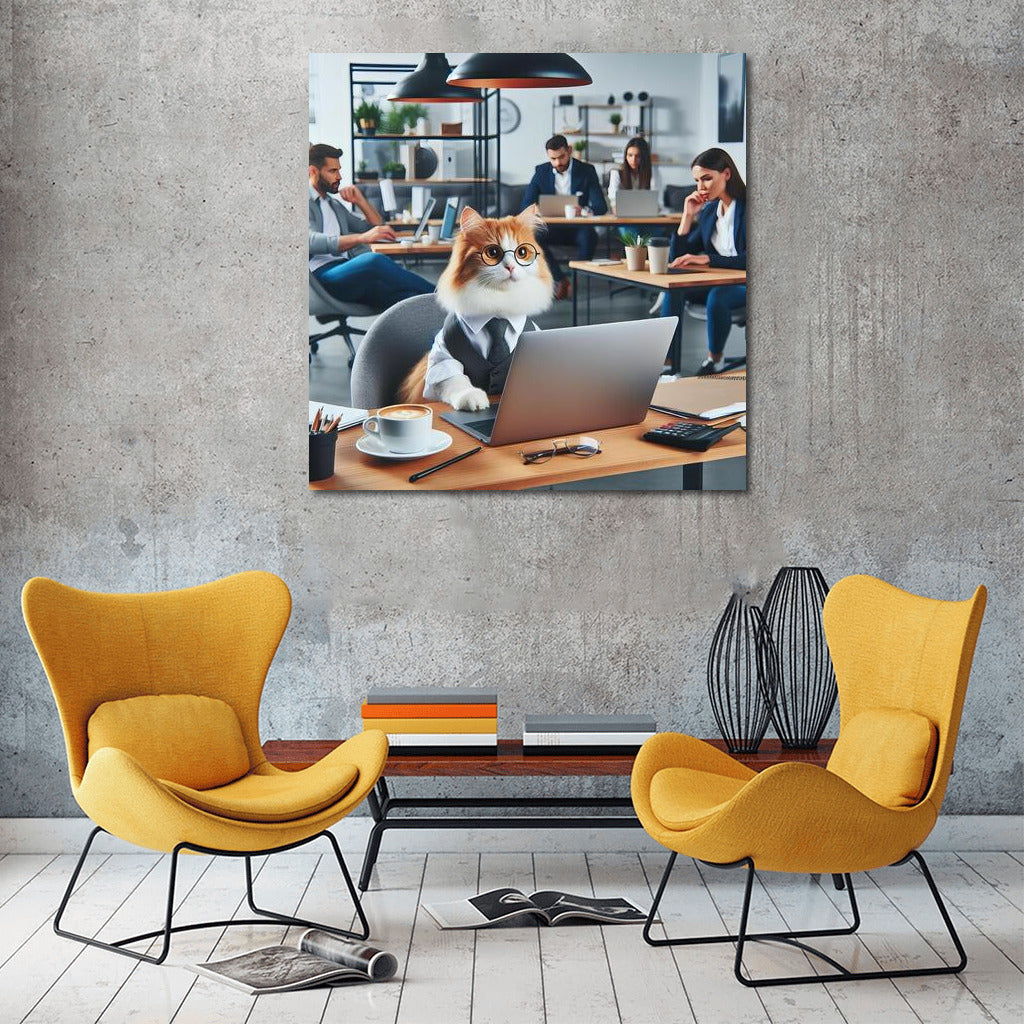 Businessman Cat at Norwegian Forest Coworking Space: Humorous Office Wall Art