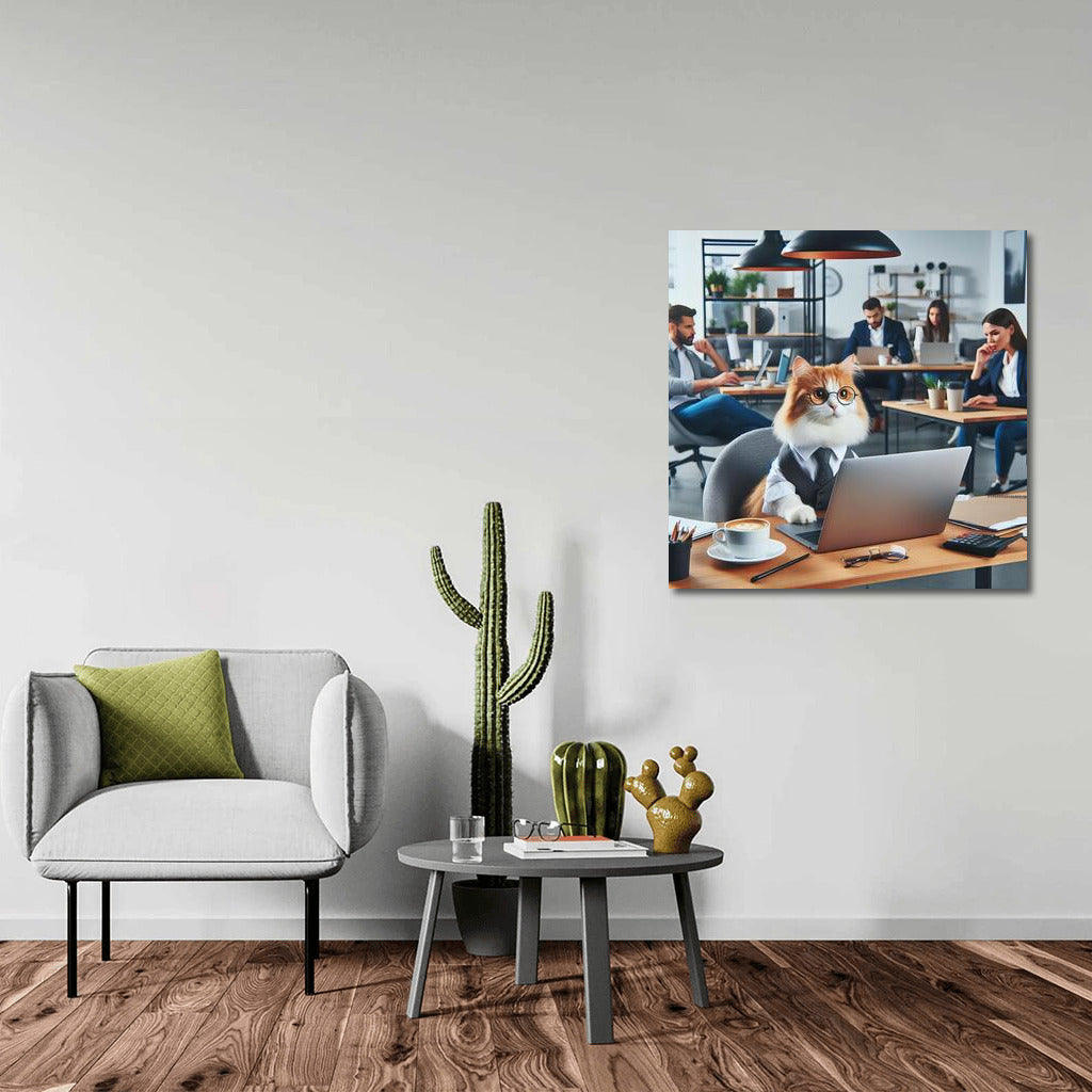 Businessman Cat at Norwegian Forest Coworking Space: Humorous Office Wall Art