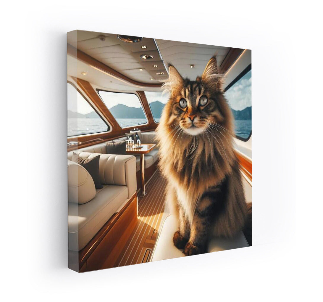 Norwegian Forest Cat on a Yacht: Sea Grandeur and Mountains