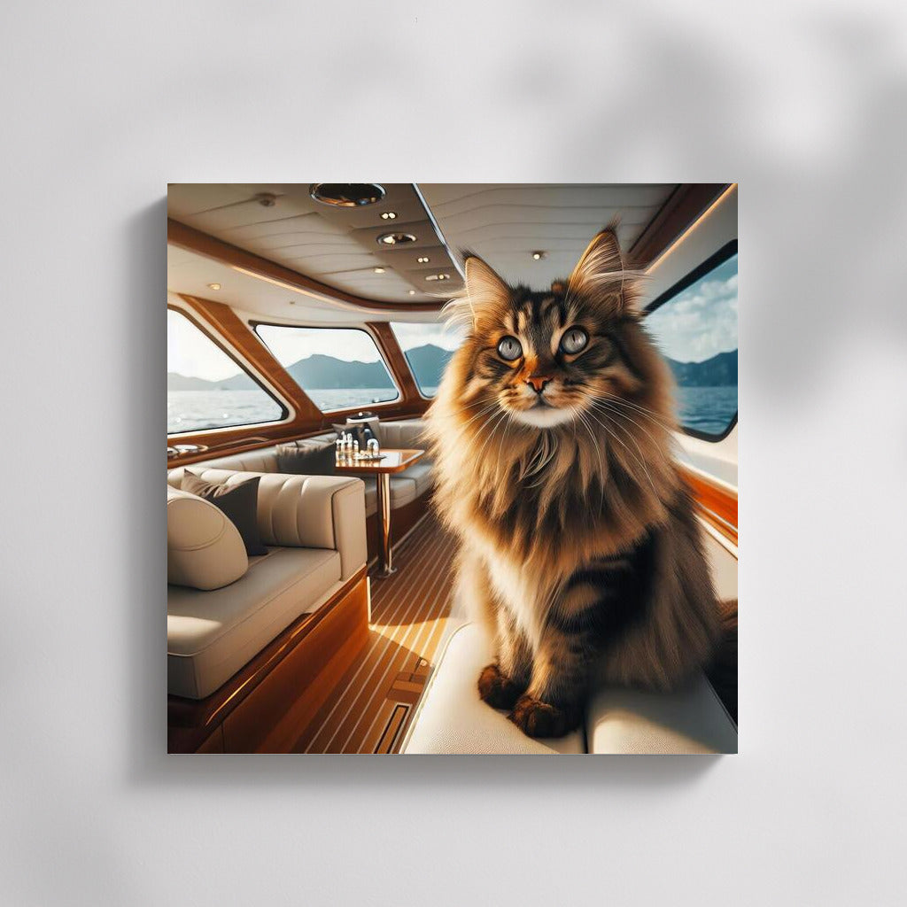 Norwegian Forest Cat on a Yacht: Sea Grandeur and Mountains