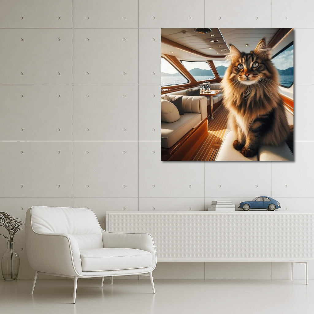 Norwegian Forest Cat on a Yacht: Sea Grandeur and Mountains